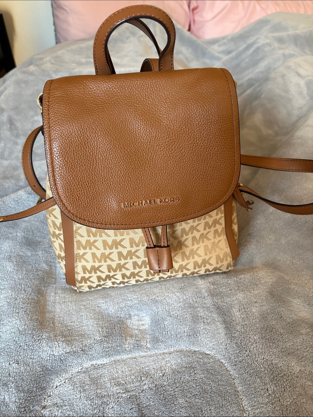 Michael Kors Bedford Signature Monogram Canvas & Leather Flap Backpack Beige Bro
